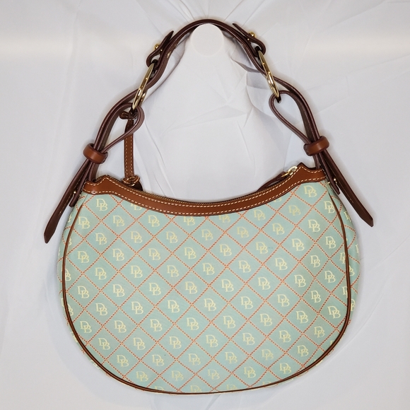 Dooney & Bourke leather and teal canvas watermelon hobo purse - Picture 2 of 10